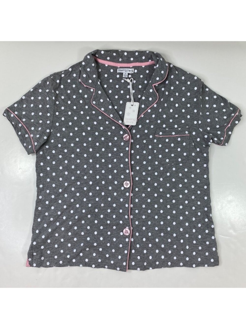 Seeing Stars Womens Button-Up Pajama Top Gray Polka Dot Short Sleeve Size Medium